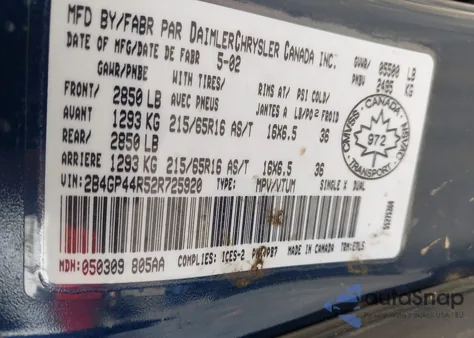 2002 Dodge Grand Caravan Sport из США, поврежденный, VIN 2B4GP44R52R725920